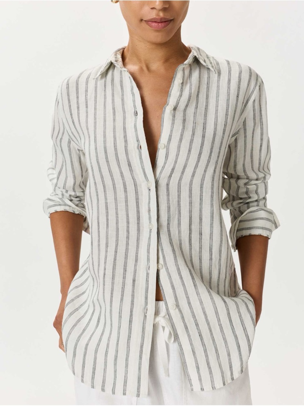 Quince White and Dark Blue/Gray Striped Button-Down Shirt/Dress or swim cover up